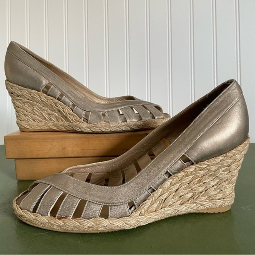 Stuart Weitzman Leather Wedge Espadrille Open Toe Sandals